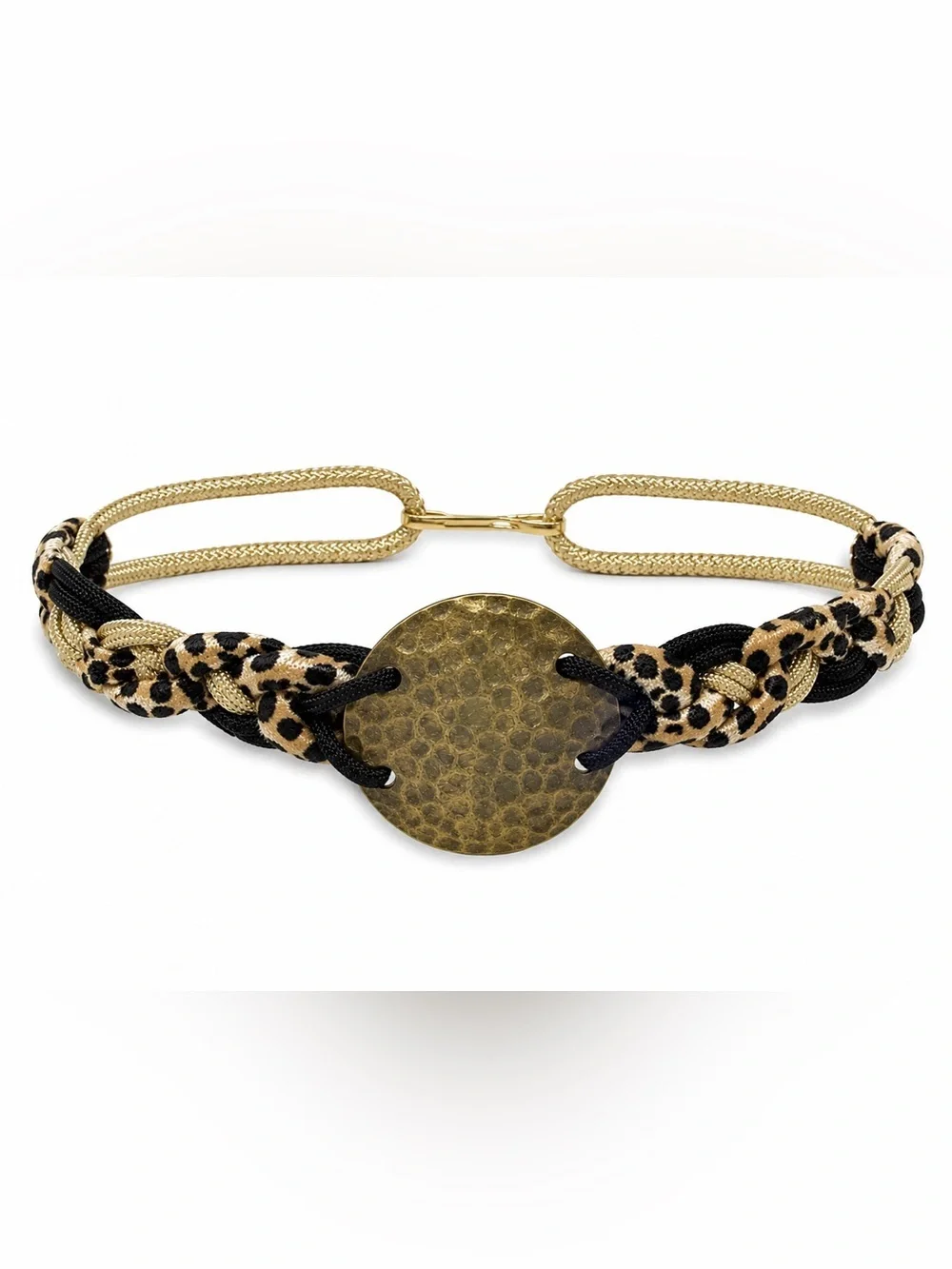 Women’s Braided Belt Leopard Print Metallic Gold Rope Hammered Medallion Buckle